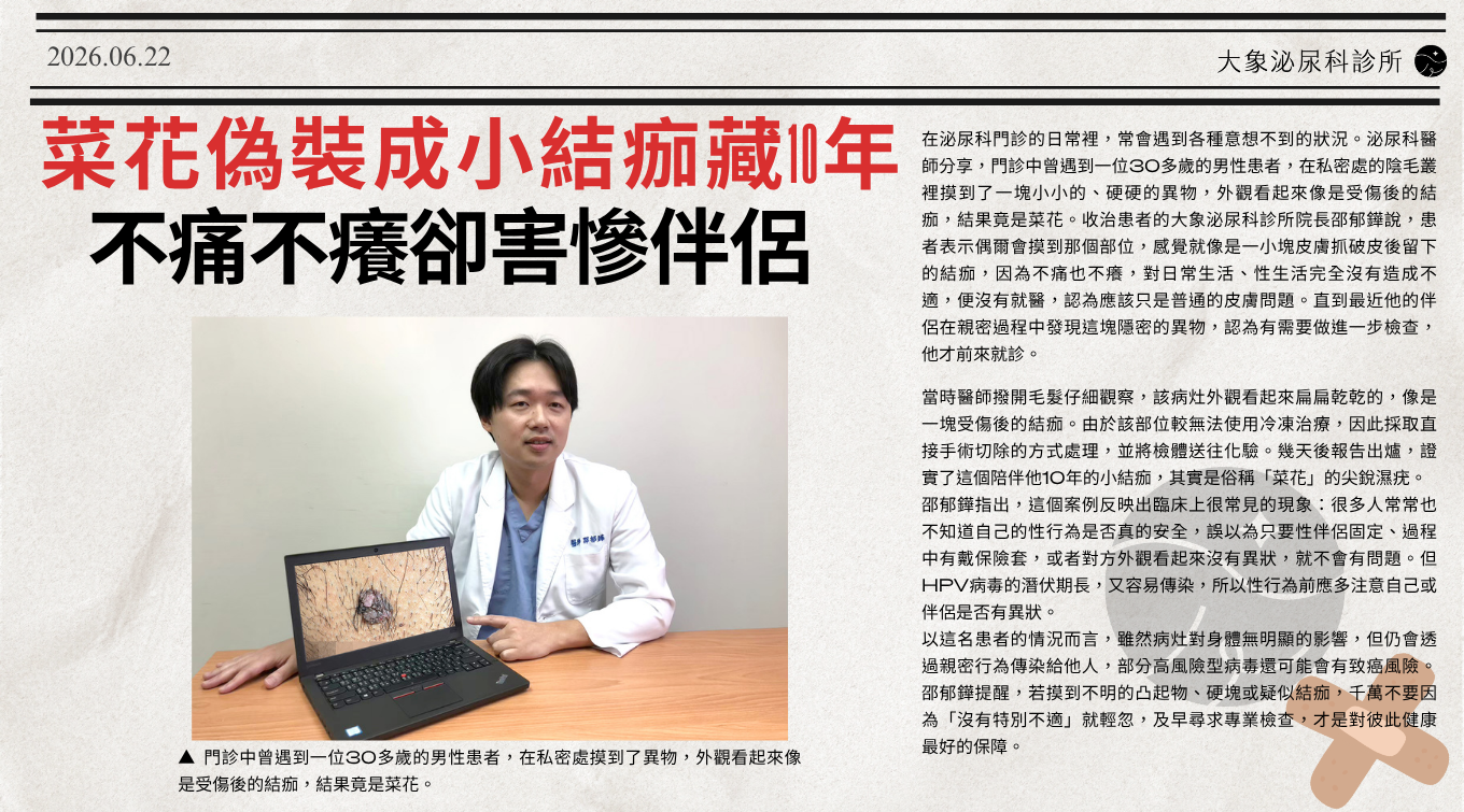 桃園 中壢/泌尿科/大象 - 菜花偽裝成小結痂藏10年 不痛不癢卻害慘伴侶